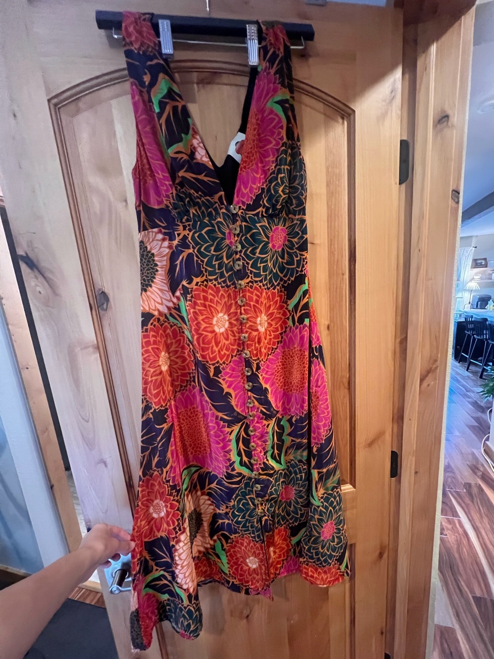 FARM Rio Black Floral Midi Dress with Pink, Orange & Green Print